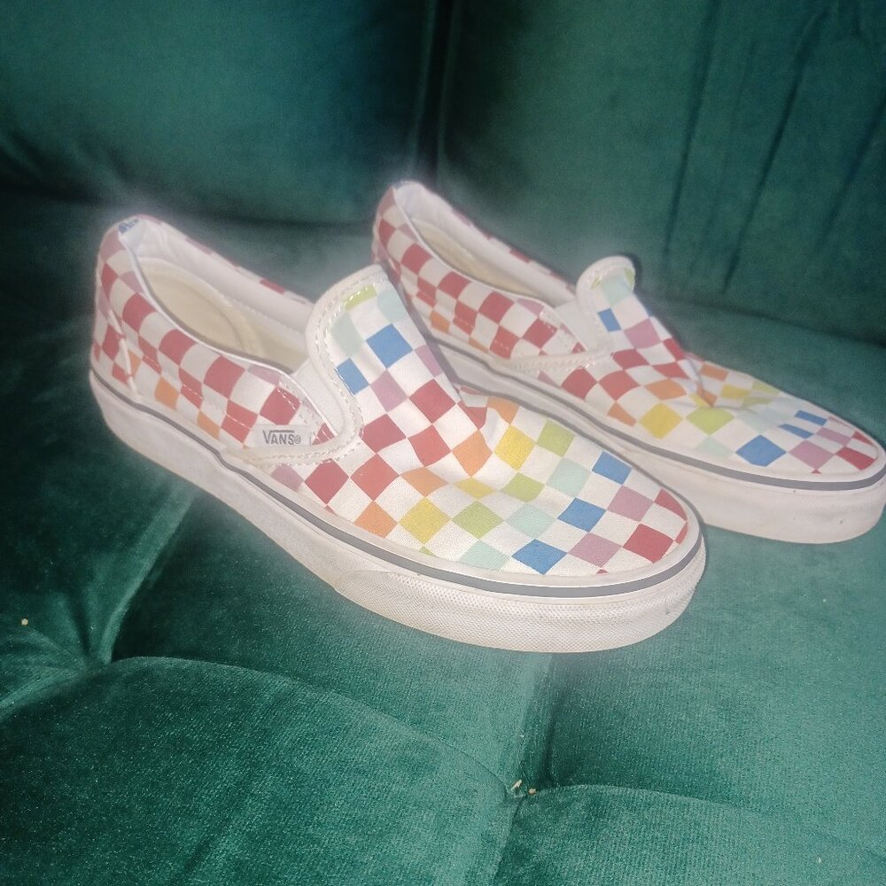 Vans Slip On Checkerboard Rainbow Squares White Mens Size 6.5 , Womens Size 8
